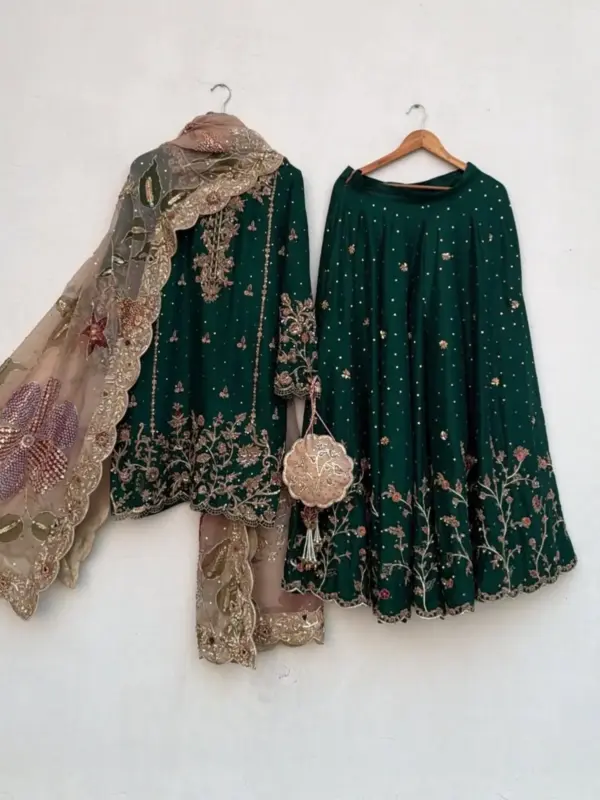 Dark Green Hand-Embroidered Peplum Kurta Sharara Set | CoutureCraze