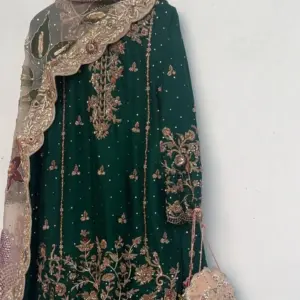 Dark Green Hand-Embroidered Peplum Kurta Sharara Set | CoutureCraze
