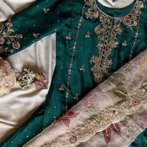 Dark Green Hand-Embroidered Peplum Kurta Sharara Set | CoutureCraze