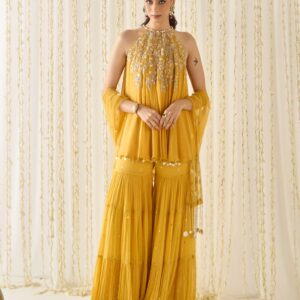 Mustard Yellow Halter Neck Hand-Embroidered Sharara Set | CoutureCraze