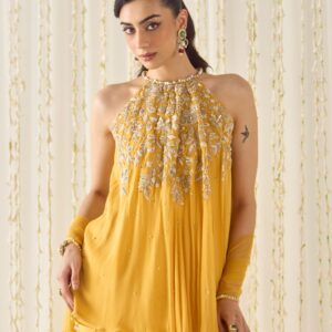 Mustard Yellow Halter Neck Hand-Embroidered Sharara Set | CoutureCraze