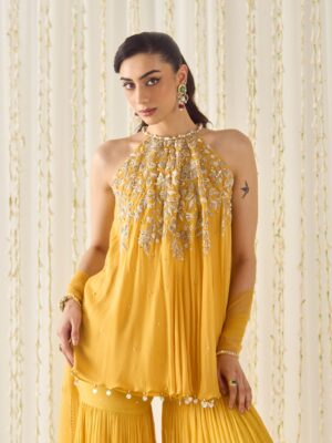 Mustard Yellow Halter Neck Hand-Embroidered Sharara Set | CoutureCraze